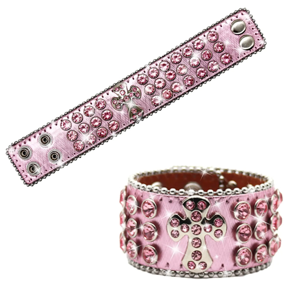 EVERBLTING Cross Rhinestone Bracelets For Men And Women Leather Cuff Bracelet For Women Punk Bracelet Studded Wristband Fashion Bracelet (Pink)