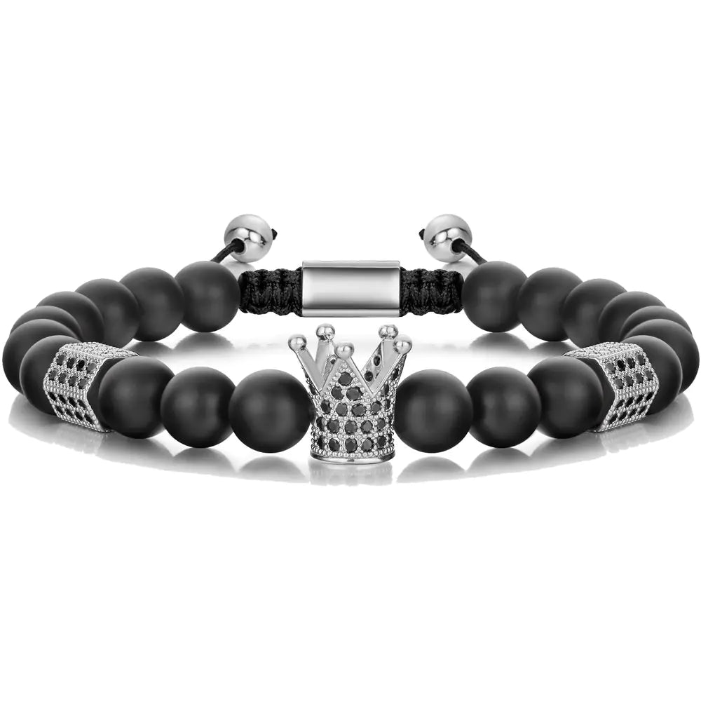 SEVENSTONE 8mm Crown King Charm Bracelet for Men Women Black Matte Onyx Stone Beads 7.5" (Silver tone)