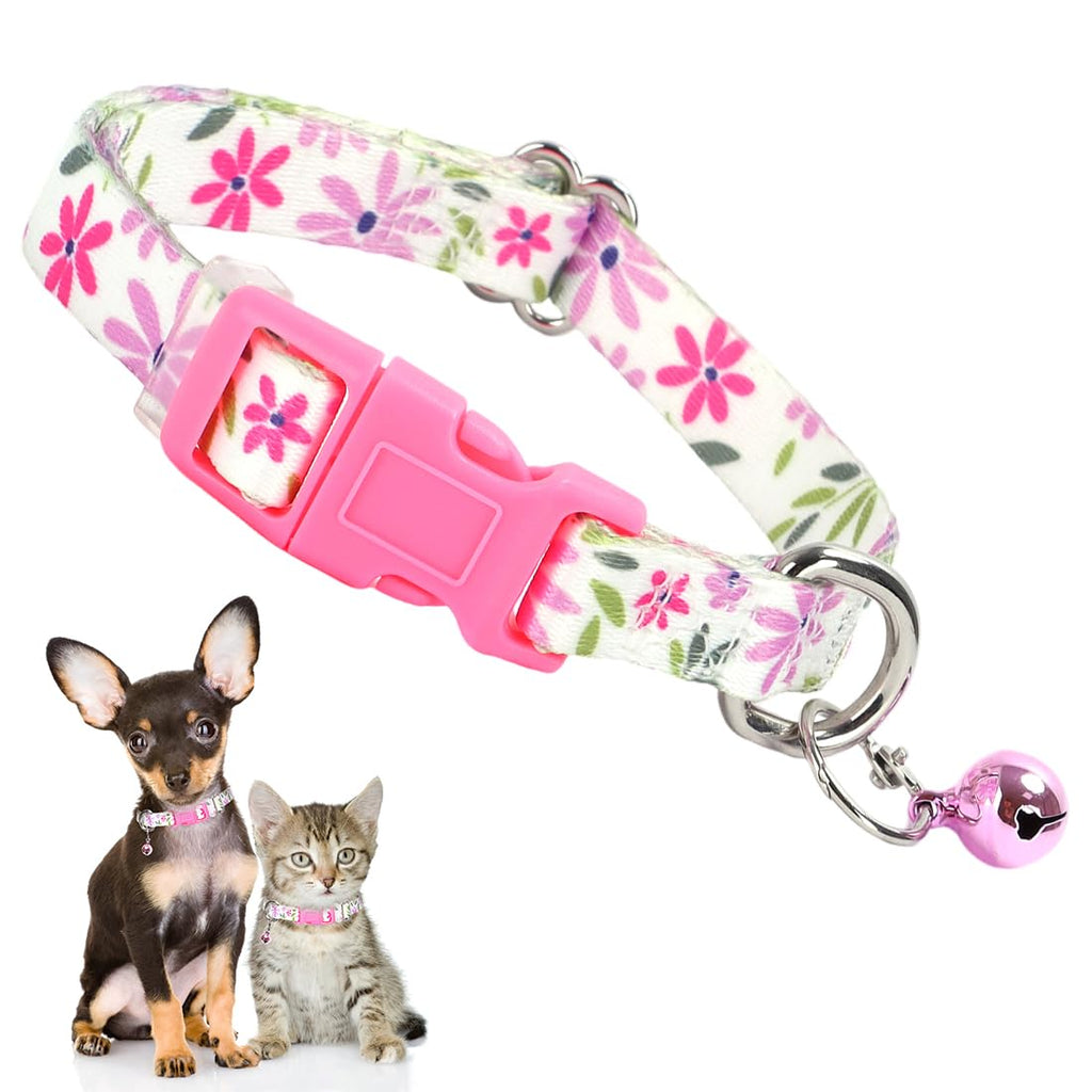 Pink Floral XS Dog Collar with Bell Pretty Flower Girl Cat Collar Tiny Puppy Collars with Bells for XXS XS Small Pet Female Dogs Kitten Little Animal White XSmall