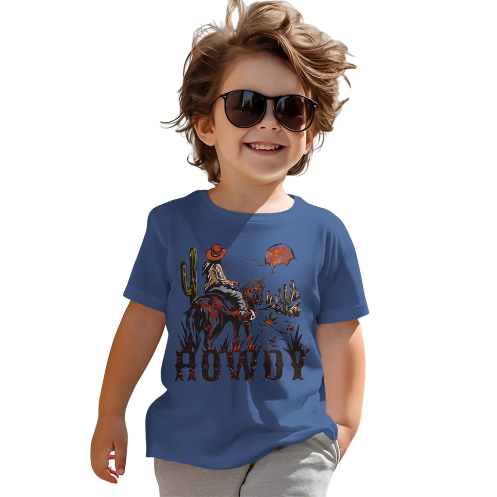 AG AGUU Howdy Shirts Toddler Baby Boys Rodeo Cowboy T-Shirt Western Retro Graphic Summer Tees Short Sleeve Tops(Blue18-24Months) - My Store
