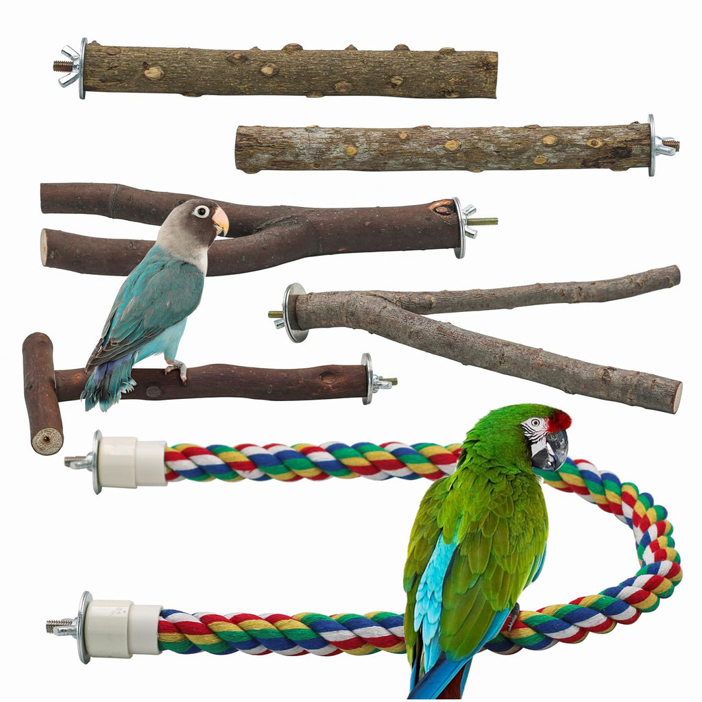 matafat Bird Perch 5PCS Natural Wood Stand Parrot Toy and 1PC Bird Rope Perches for Parrots Cockatiels Parakeets BudgieFinches