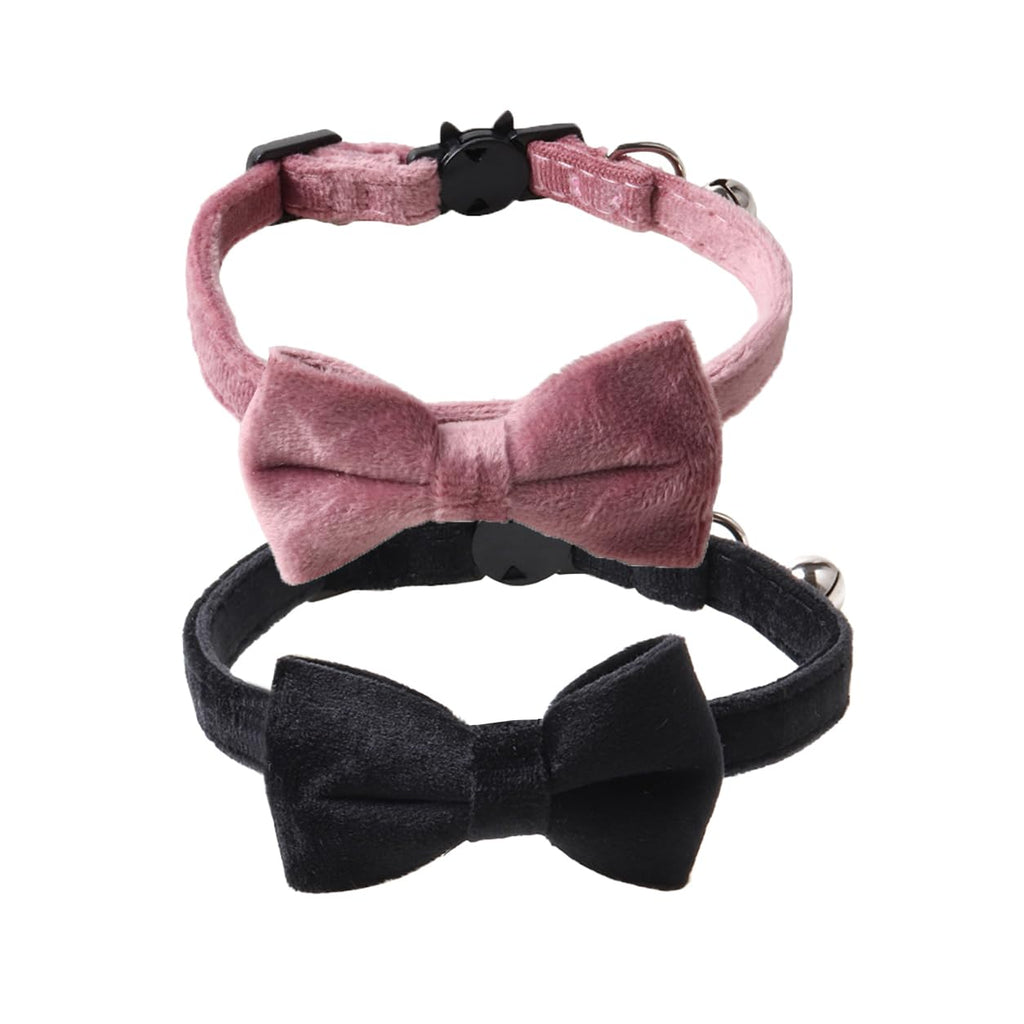 Love Dream Cat Collar Breakaway with Bow Tie and Bells - 2 Pack Velvet Girl Boy Kitty Safety Kitten Collars with Removable Bowtie for Cats Kittens Black & Pink