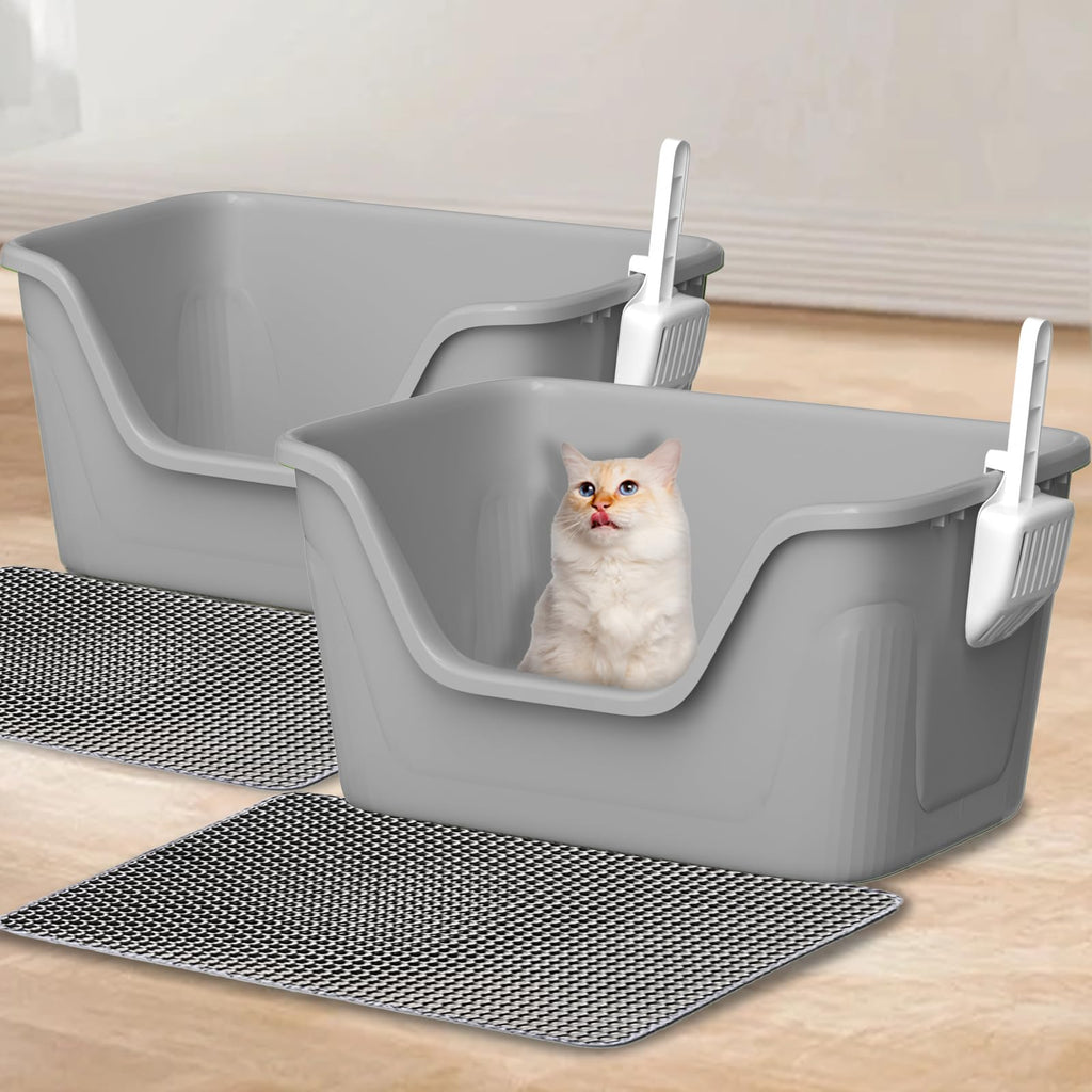 Qonimm 2PCS High Sided Extra Large Cat Litter Box 25" L x 15.74" W x 13" H-Open Top Low Entry Jumbo Litter Box with Two Cat Litter Mat-Anti-Splashing Dog Puppy Kitty Cat Litter Boxes (Grey)