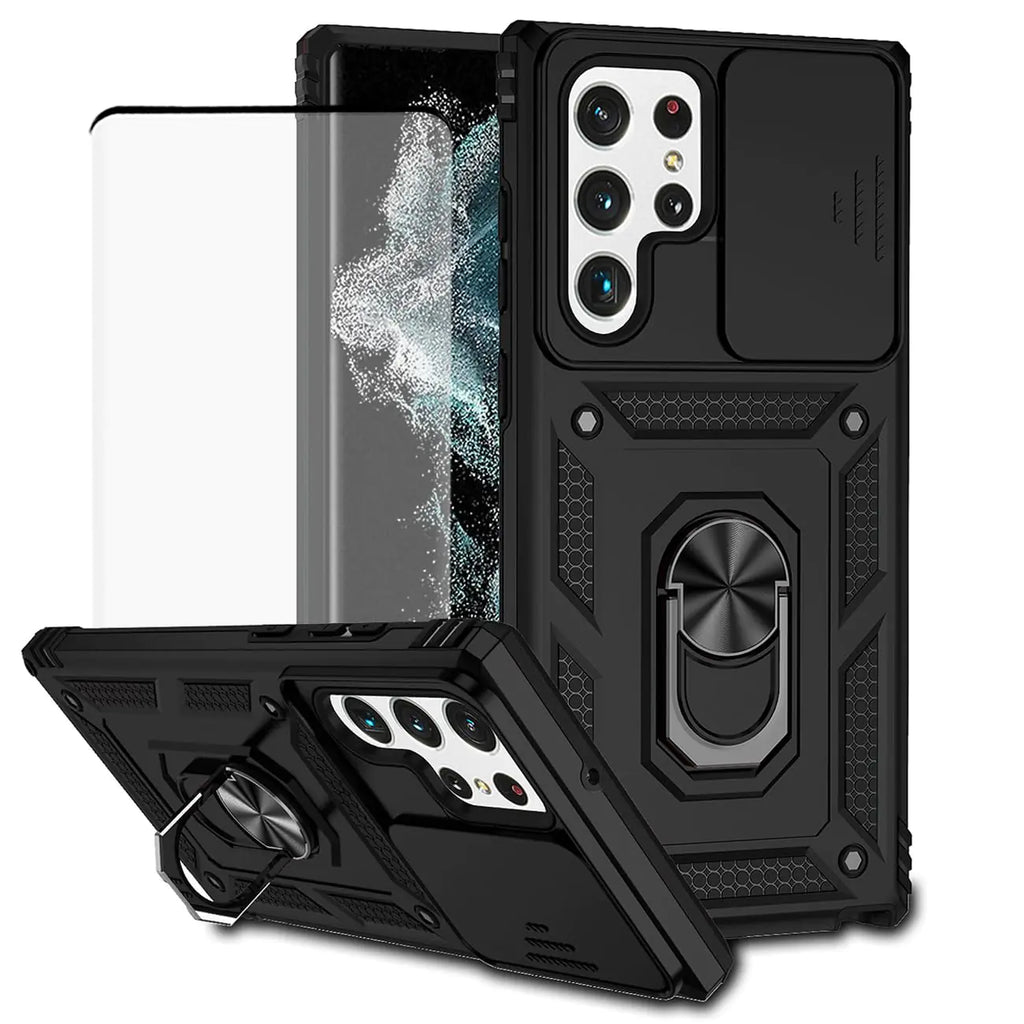 Vokuha Case for Galaxy S22 Ultra Case Samsung S22 Ultra SM-S908U Case with Tempered Glass Screen Protector and Slide Camera Cover 360° Ring Stand Magnetic Cover for Samsung Galaxy S22 Ultra 5G Black