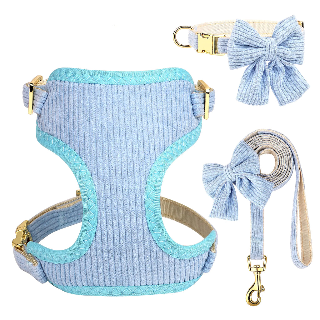 Didog Cute Small Dog Collar Harness & Leash Set Adjustable Dog Collars and Leashes with Bowtie Breathable Soft Mesh Padded Dog Vest for Puppies Small Dogs WalkingBlue S