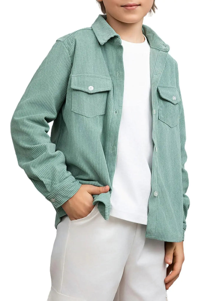 blibean Boy Fall Corduroy Long Sleeve Shirt Big Kid Button Down Lapel Collared Shacket Jacket Tween Young Solid Casual Clothes Outfit with Pocket Size 14-16 Year Old Mint Green
