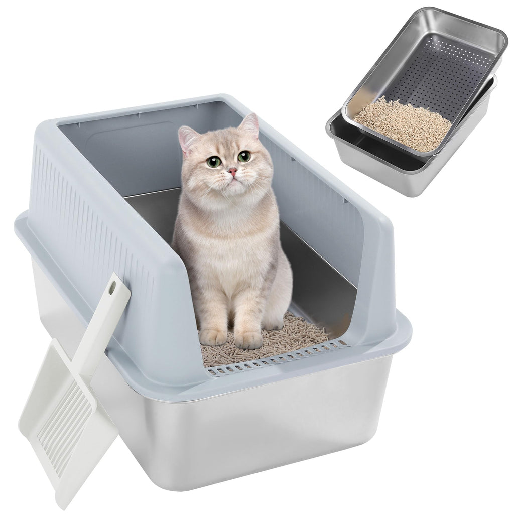 MABOZOO 19.7"x13.7"x12" Stainless Steel Sifting Litter Box with Lid Large Litter Box Enclosed Cat Litter Boxes Sifting Litter Box for Pine Pellets with Scoop Anti-Leakage Odor Control Cat Supplies