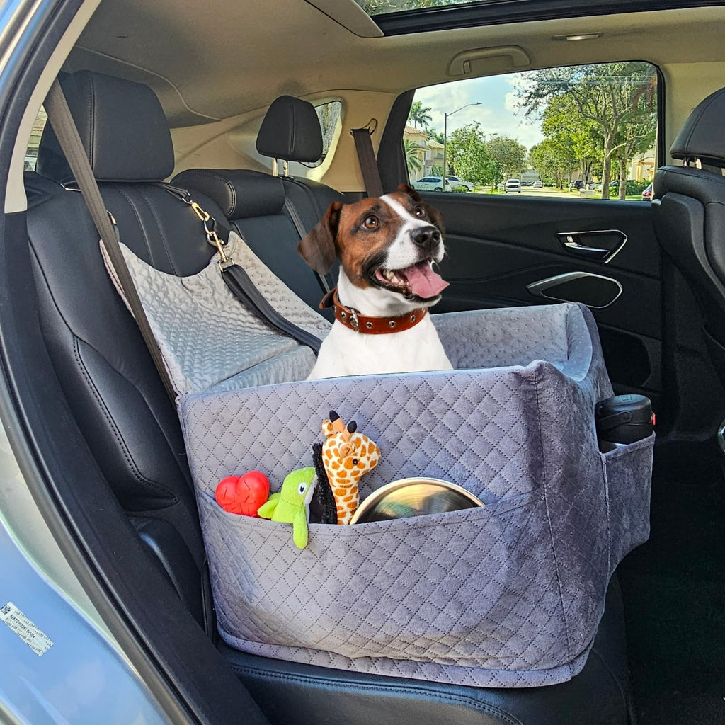 Dog Car Seat for Small & Medium Sized Dogs up to 30 lbs - Fully Detachable & Washable Dog Booster Seat W/3 Storage Pockets Cushion & Safety Belt | Elevated Car Seat for Travel | Dog Accessories