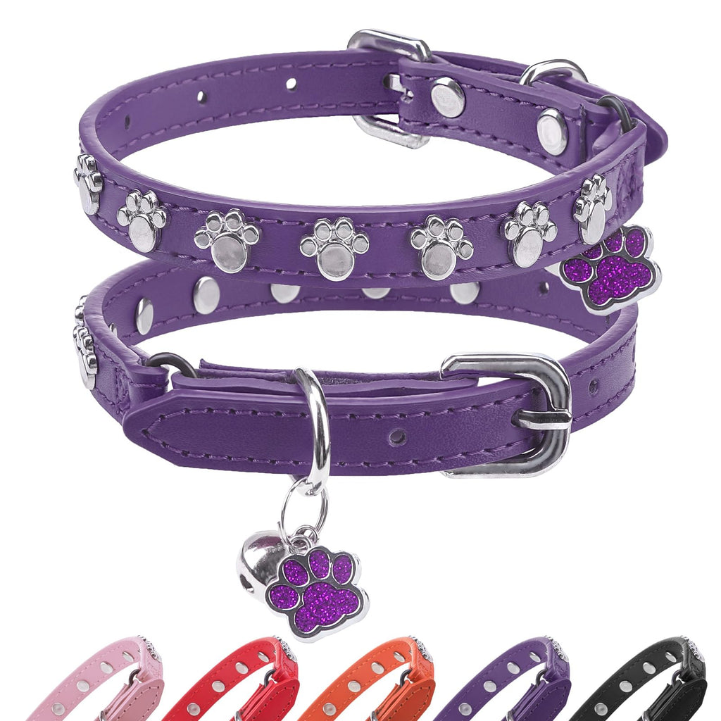 SCENEREAL Cat Collar with Bells Leather Cat Collars with Paw Studded Adjustable Pet Collars for Boy Girl CatsSoft Cute Cat Collar for Kitty Puppy Small Big Cats Purple