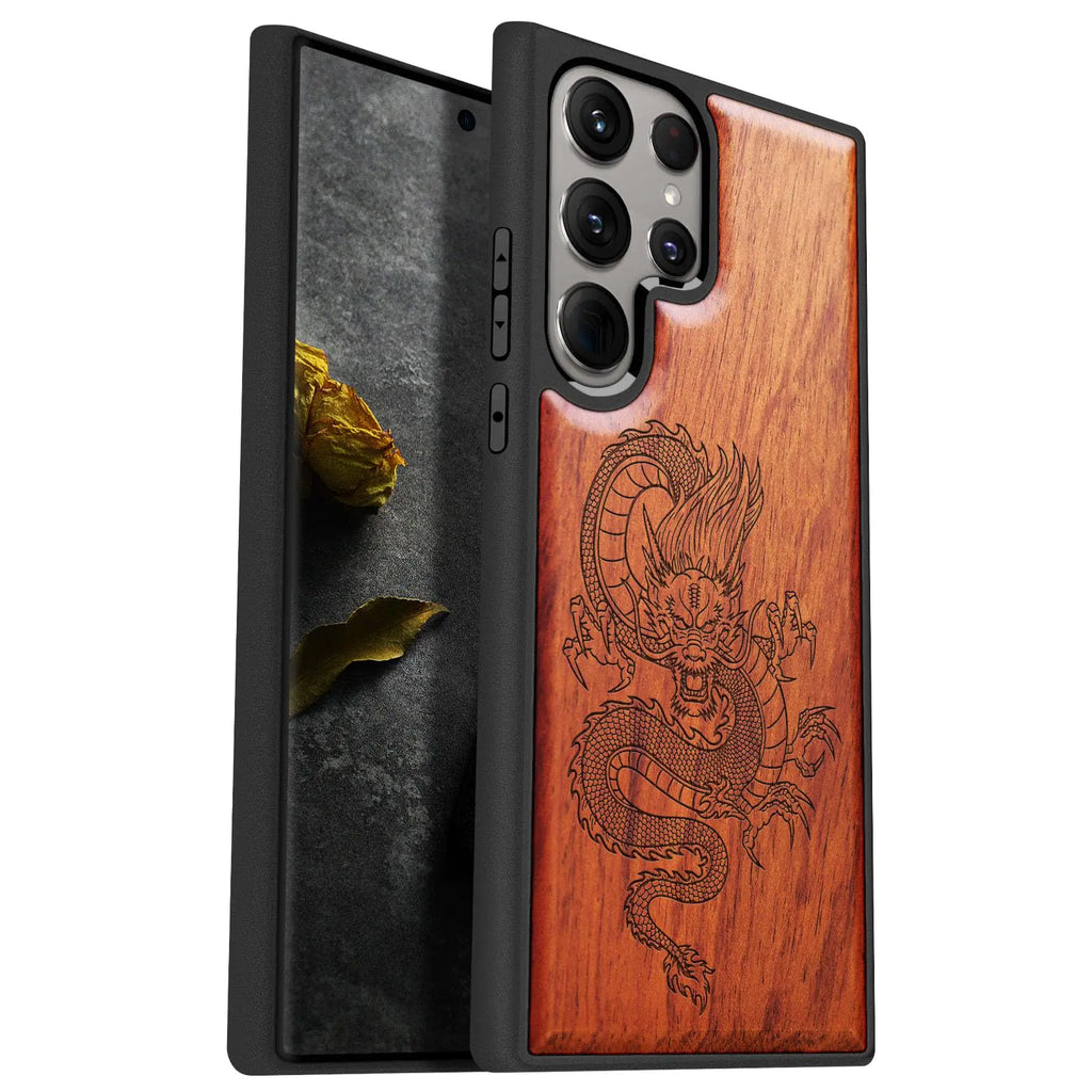 Carveit Wood Case for Galaxy S24 Ultra Case 2024 [Natural Wood & Black Soft TPU] Shockproof Protective Cover Unique Wooden Case Compatible with Samsung S24 Ultra (Oriental Dragon-Red Wood)
