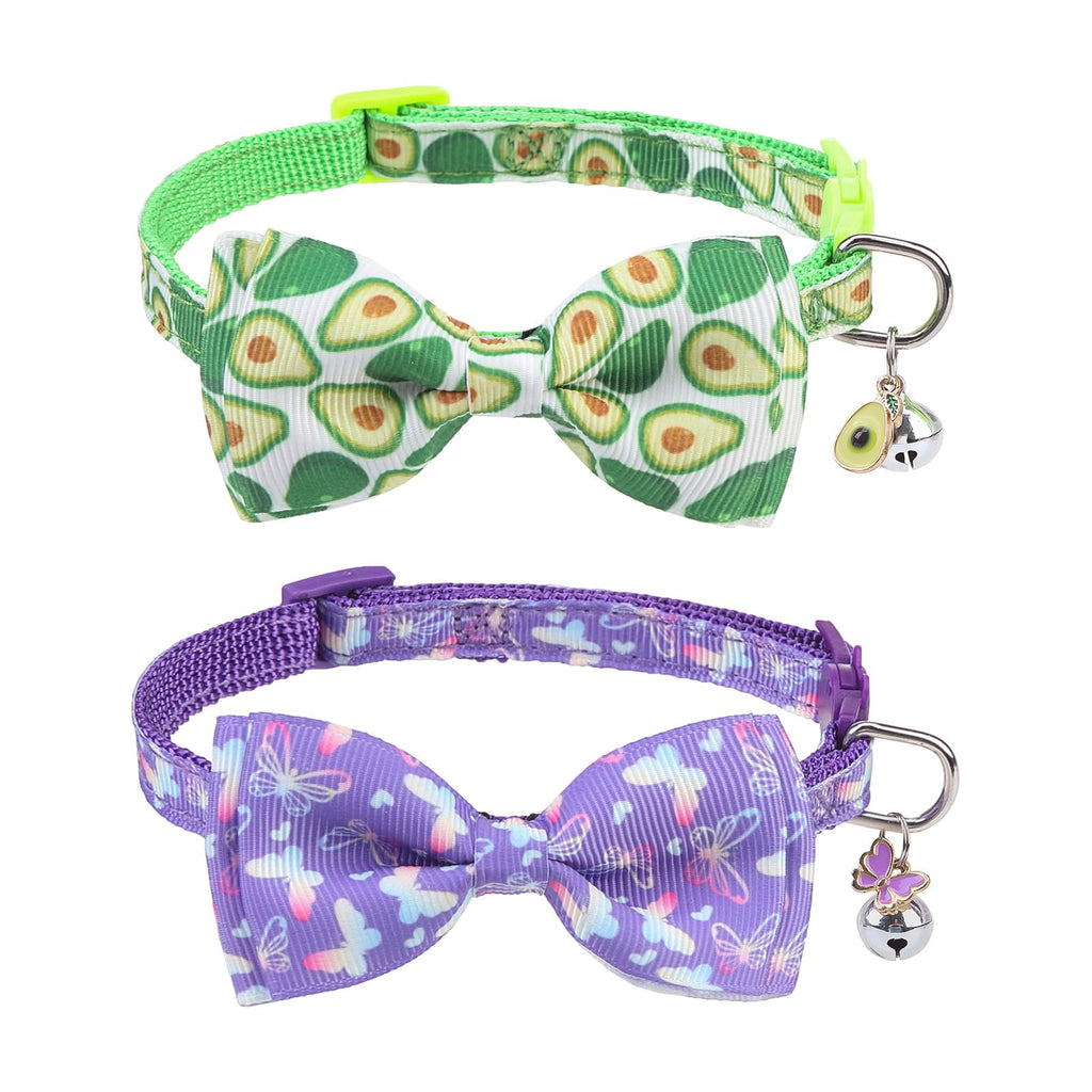 SCENEREAL Cat Collar with Bells 2 Pcs Breakaway Cat Collars with Adustable Bowtie Safety Kitten Collar for Boy Girl Cats Puppy Cute Butterfly & Avocado Pet Collar Green & Purple