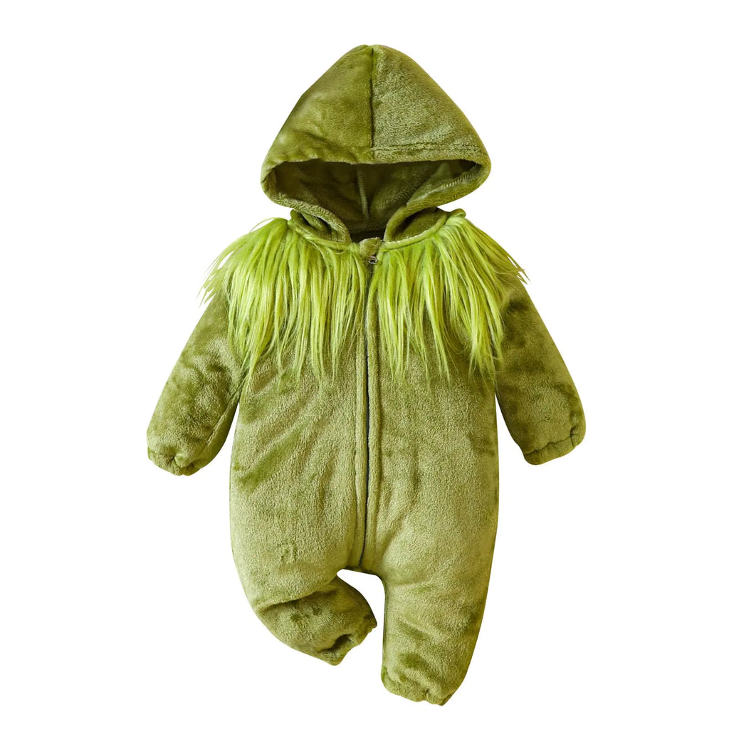 Infant Baby Girl Boy Christmas Outfits Long Sleeve Jumpsuit Grinch Bodysuit One-piece Green Furry Bodysuit (Furry Green 0-3 Months) - My Store