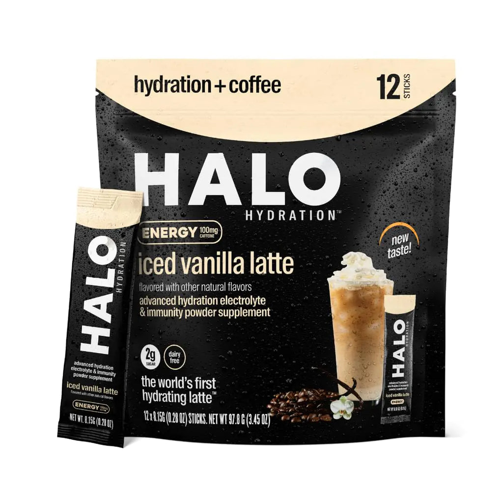 HALO Sport Iced Vanilla Latte - Instant Energy Drink Powder – Healthy Coffee Mix Hydration Electrolytes Caffeine Vitamins and Minerals 20 Calories Keto Low Calorie 1 x 12 Sticks 1.0 grams