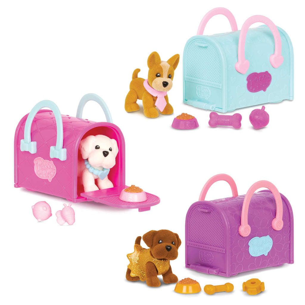 Pucci Pups - Collectible Puppy Set – Chocolate Lab Maltese Chihuahua – Carrier Purse – Dog Accessories Included – Toys for Kids 3+