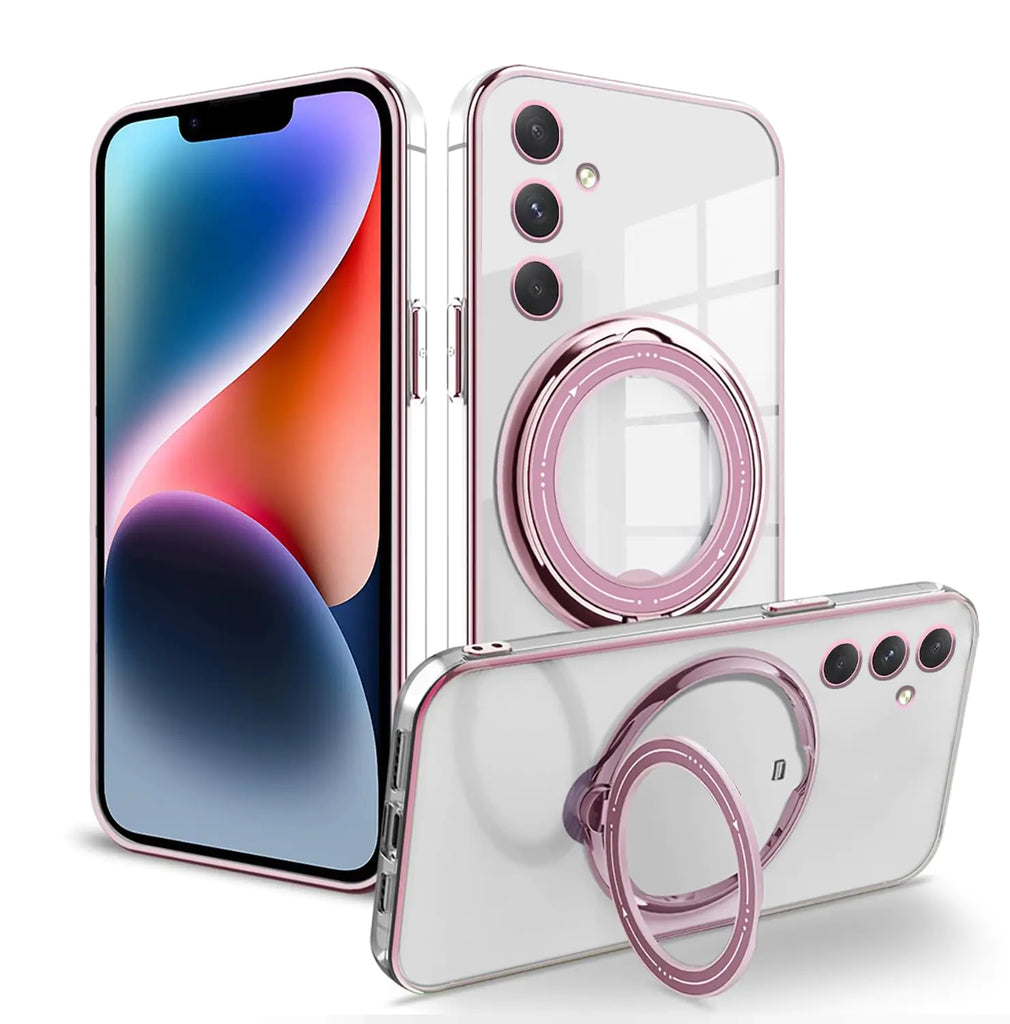 Compatible with Samsung A55 Case with Magnetic Stand ClearPhone Samsung Galaxy A55 Case Silicone Transparent Support Wireless Charging Shockproof Luxury Protective Cover (Pink)
