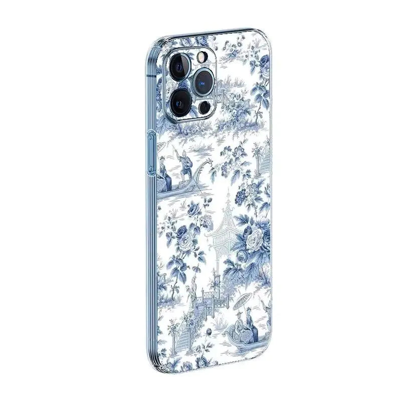 Phone Case Compatible with iPhone 15 Pro Max Blue Chinoiserie Powder Toile Print Silicone Phone Rubber TPU Shockproof Protective Side Striped Soft Cover