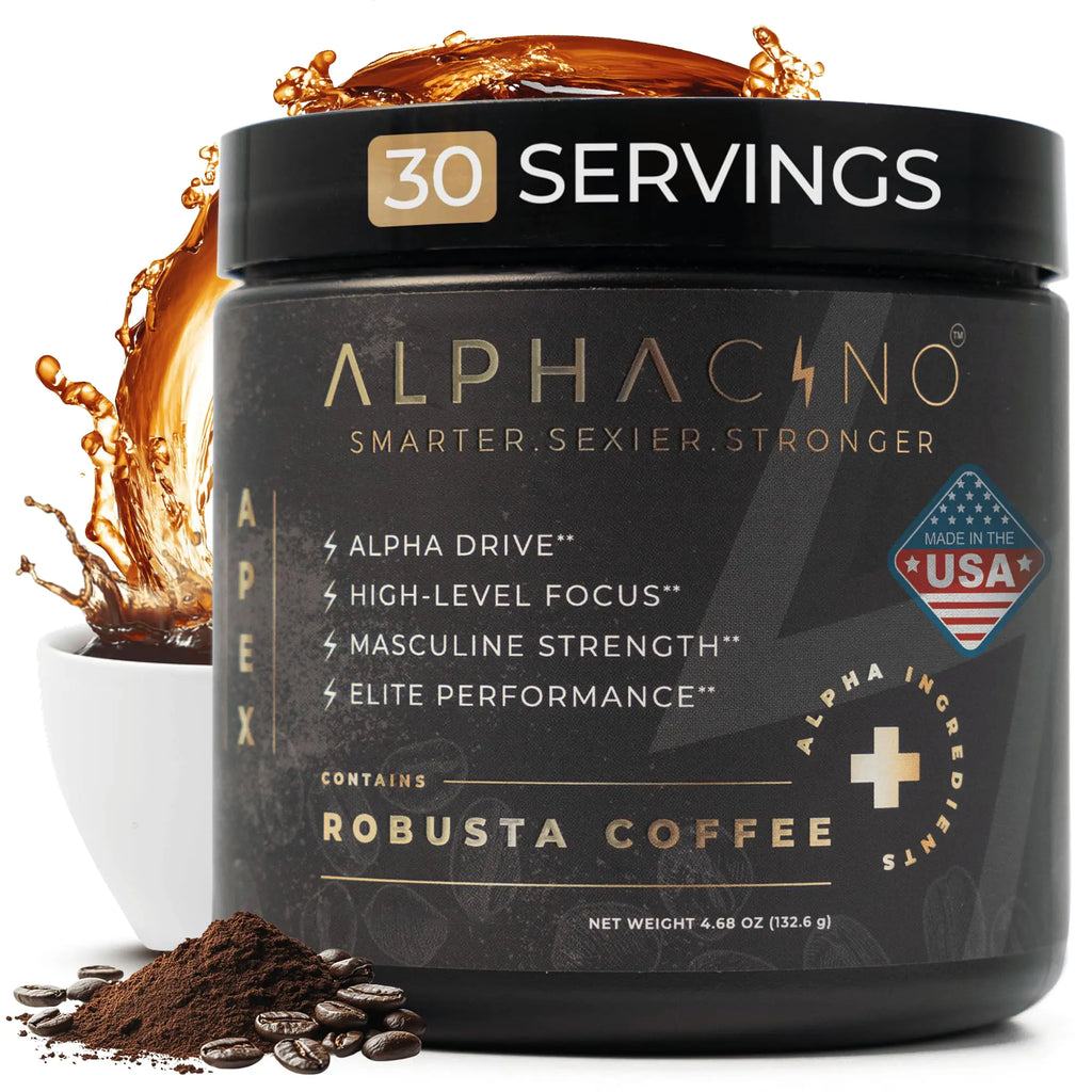 Alphacino Apex - Instant Coffee Powder for the Robust Vigorous Men - Muscle Growth Sharp Focus Enhanced Stamina - Ashwagandha KSM-66 Lion’s Mane Mushroom Black Maca Extract S7-30SV (4.68 oz)