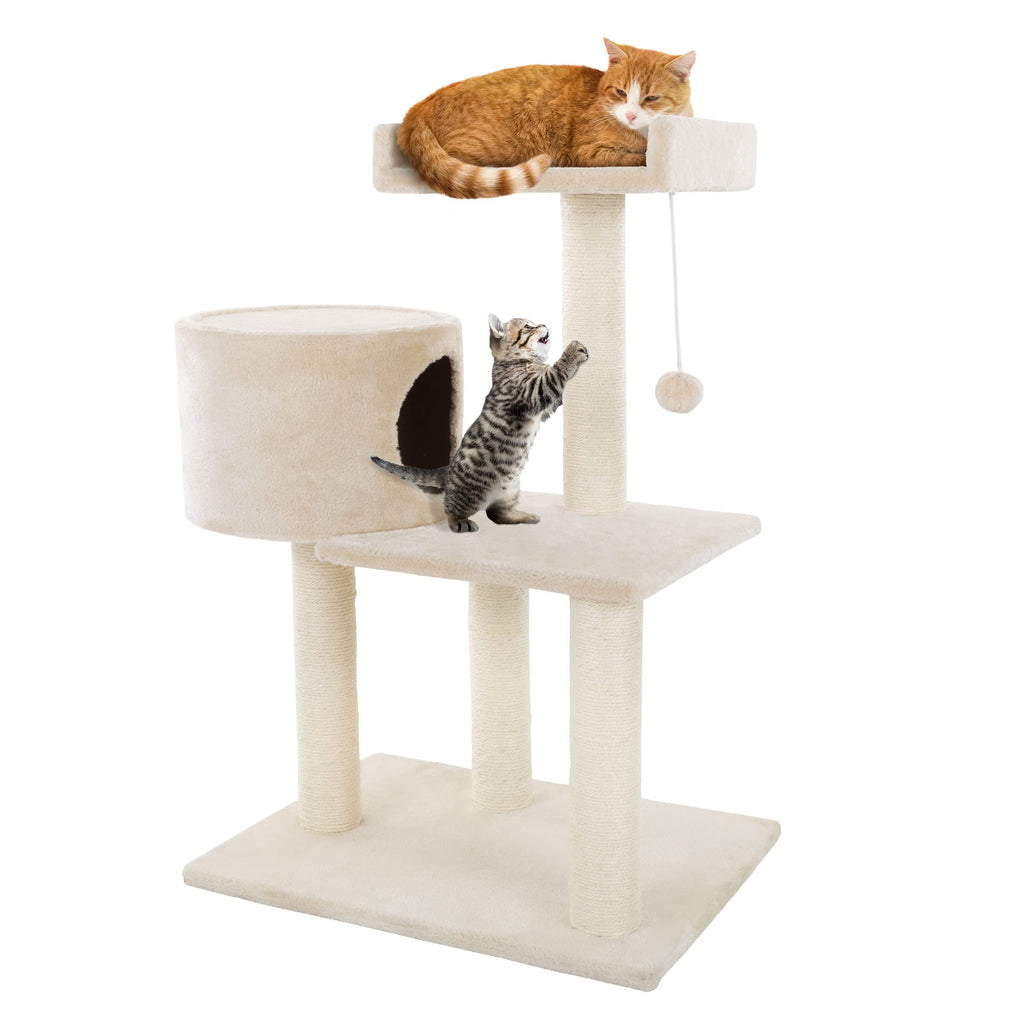 3-Tier Cat Tower - 2 Napping Perches Cat Condo 4 Sisal Rope Scratching Posts Hanging Toy – Cat Tree for Indoor Cats and by PETMAKER (Beige)