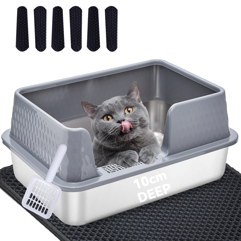 Vealind Stainless Steel Cat Litter Box High Sided Metal Cats Litter Pan Tray Enclosed with Scoop Mats Non-Sticky Anti-Leakage Easy Cleaning Kitty Litter Boxes