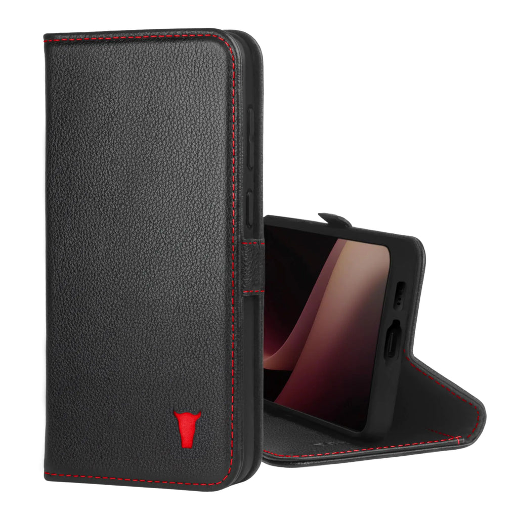 TORRO Case Compatible with Samsung Galaxy S24+ Plus 5G – Premium Leather Wallet Case with Kickstand and Card Slots (Black with Red Detail)