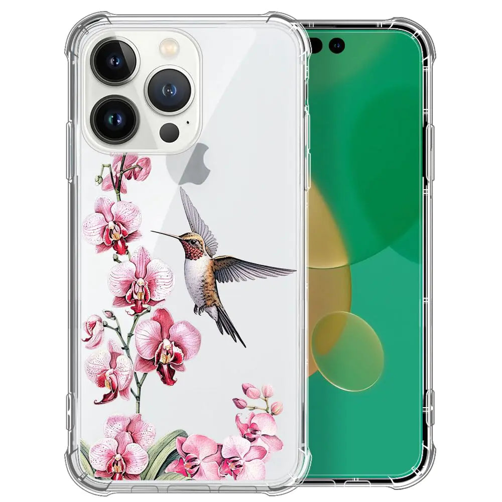 NONMY for iPhone 14 Pro Case ClearTLT Pink Hummingbird Transparent Soft Shockproof Protective Slim Thin Bumper Pattern Design Phone Case