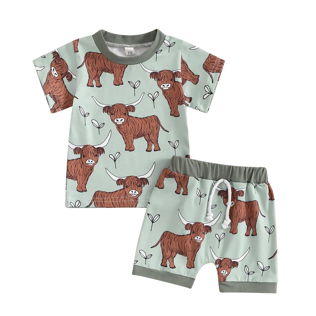 Gueuusu Western Baby Boy Summer Clothes Cow Print Short Sleeve T-Shirt Casual Jogger Shorts Toddler Cowboy Outfit (B-Green 12-18 Months) - My Store
