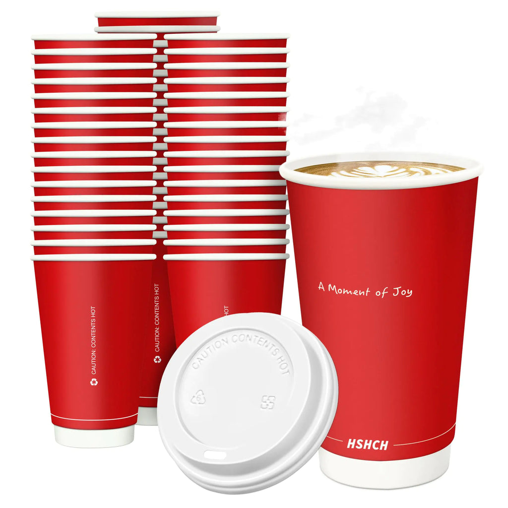 HSHCH Disposable Coffee Cups with Lids 16 oz (50 Pack) Red Double Wall Insulated Coffee Cup for To Go Hot Cold Beverage Tea Chocolate Drinks