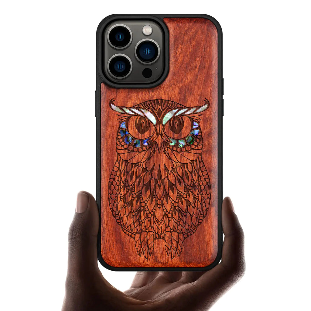 Carveit Designer Wooden Protective Case for iPhone 14 Pro Max Magnetic Case Cover [Wood Engraving & Shell Inlay] Unique Wood Phone Case Compatible with 14 Pro Max MagSafe Case 6.7 Inch (Owl-Red Wood)