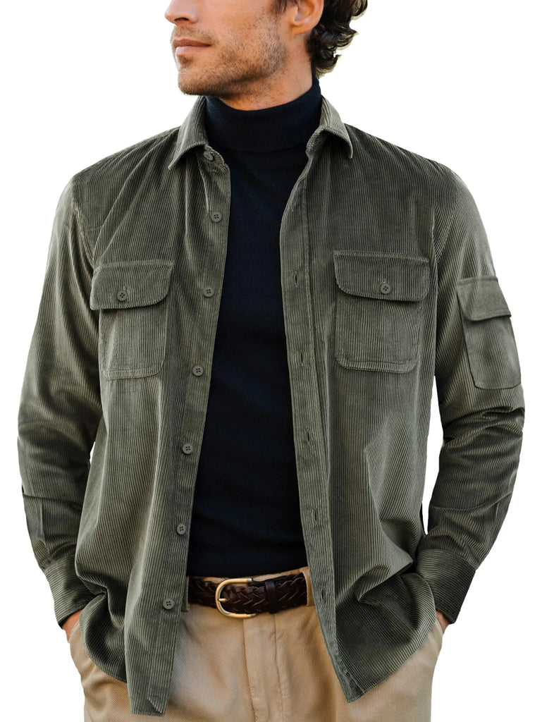 PINDODA Mens Corduroy Shirt Casual Button Down Shirt Jacket Lightweight Shacket Army Green