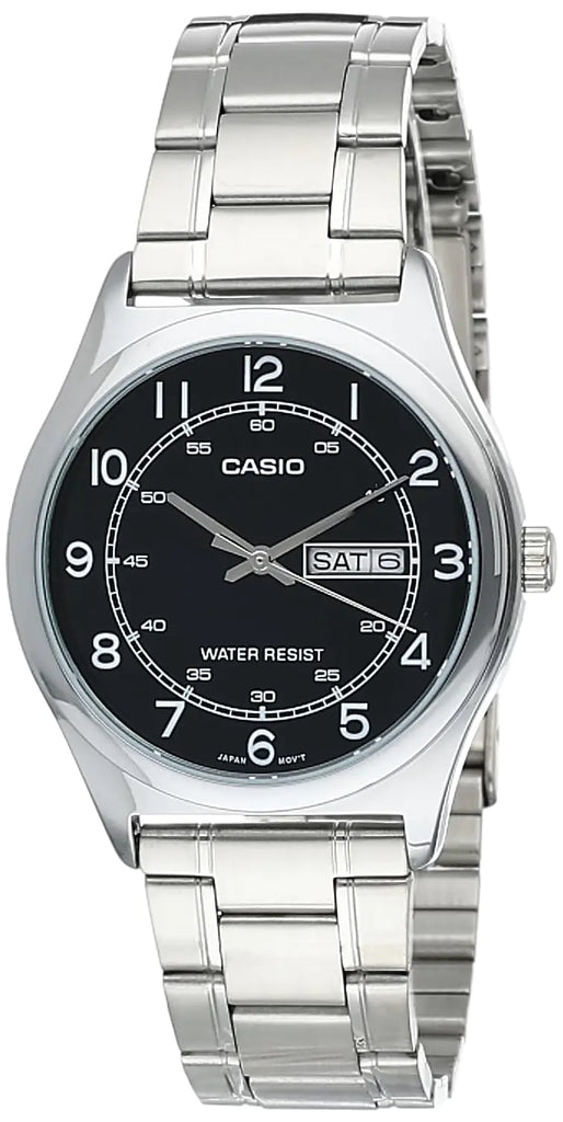 Casio MTP-V006D-1B2 Mens Stainless Steel Easy Reader Black Dial Day Date Analog Dress Watch