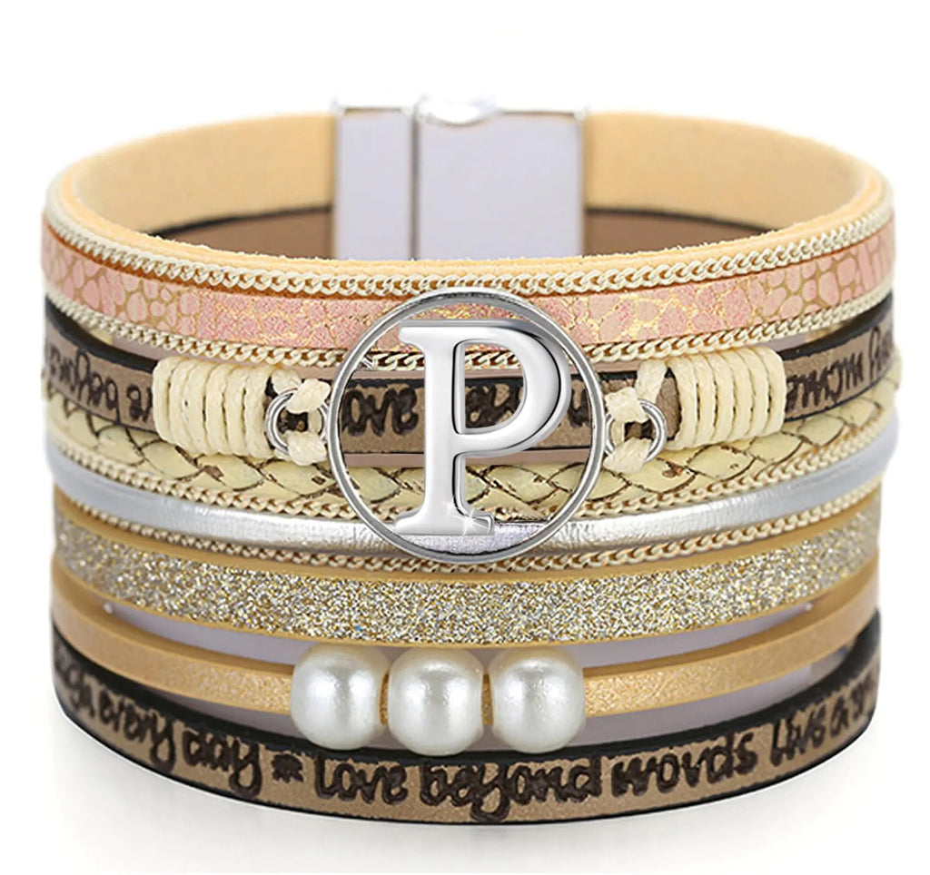 RONLLNA Initial Letter Leather Boho Bracelets for Women Wrap Cuff Bracelets Gifts for Women Trendy Pearl Beads Cuff Bracelet Jewelry P
