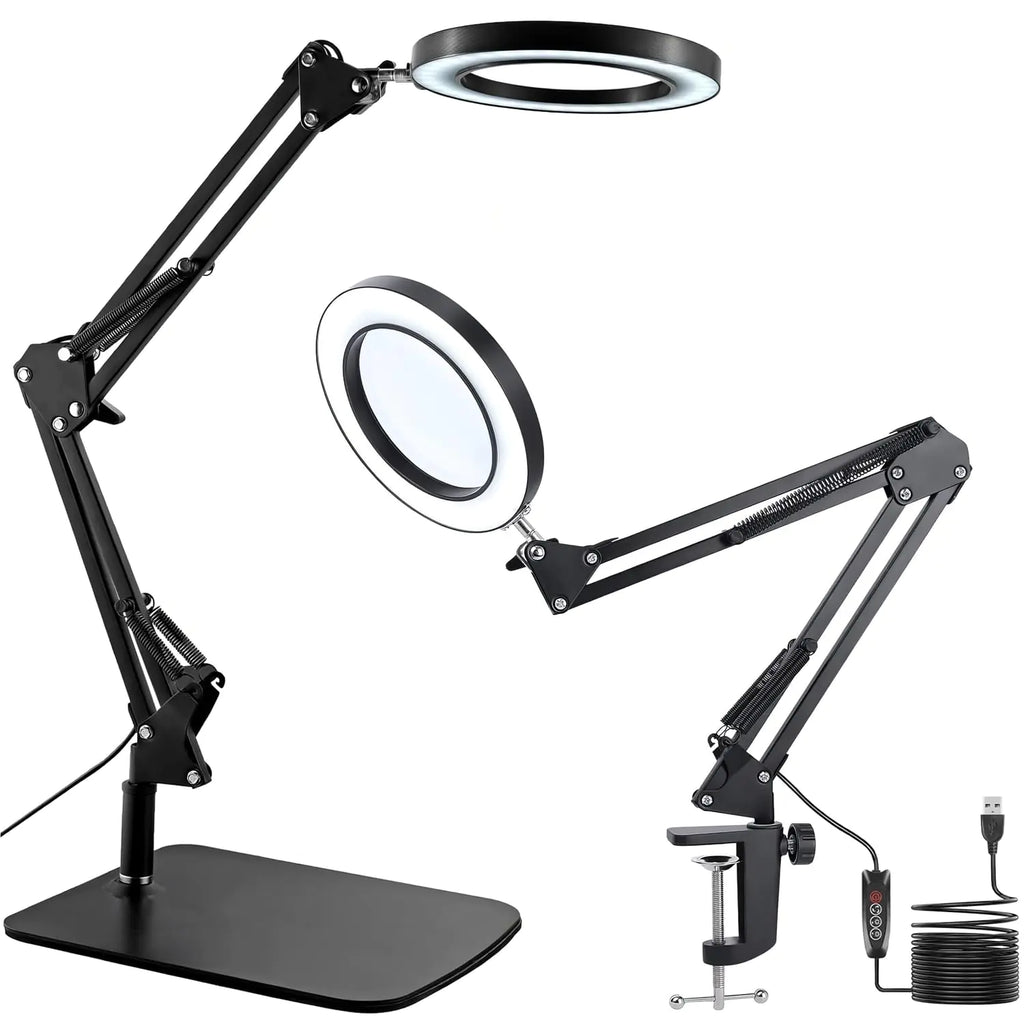 15X Magnifying Glass with Light Table Lamp with Stand and Clamp 2-in-1 LED Desk Lamp with Magnifier 3 Color Modes 72 LEDs Real Glass Lens for Close Works Craft Hobby Painting Reading Repair