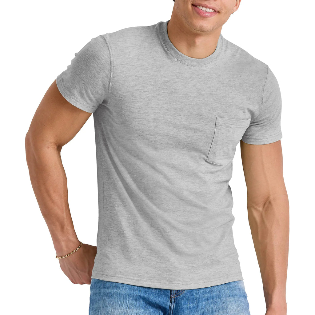 Hanes Originals Crewneck T-Shirt 100% Cotton Pocket Tees for Men Light Steel