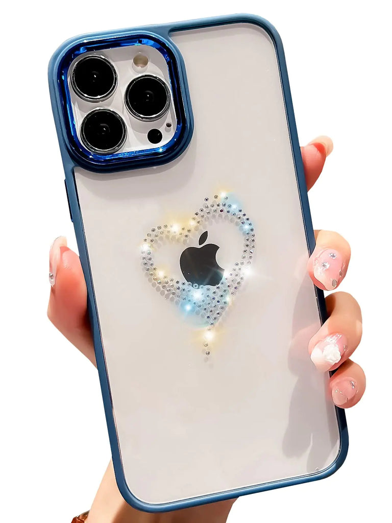 BANAILOA Compatible with iPhone 14 Pro Cute Case for WomenBling Glitter Case Rhinestones Hard PC + Soft TPU Protective Heart Case Design for 14 Pro - 6.1 inch (Blue)
