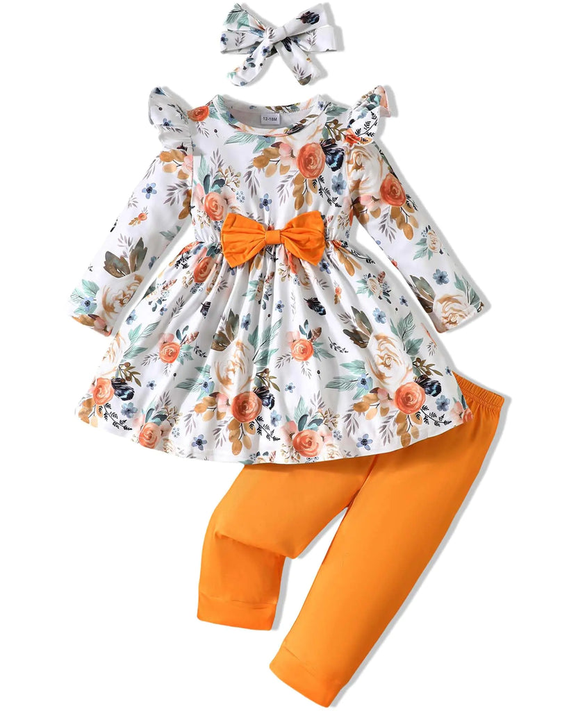 Toddler Baby Girl Clothes Cute Long Sleeve Floral Print T Shirt Ruffle Pants Headband Infant Girl 3PCS Outfits Set (Orange 9-12 Months)
