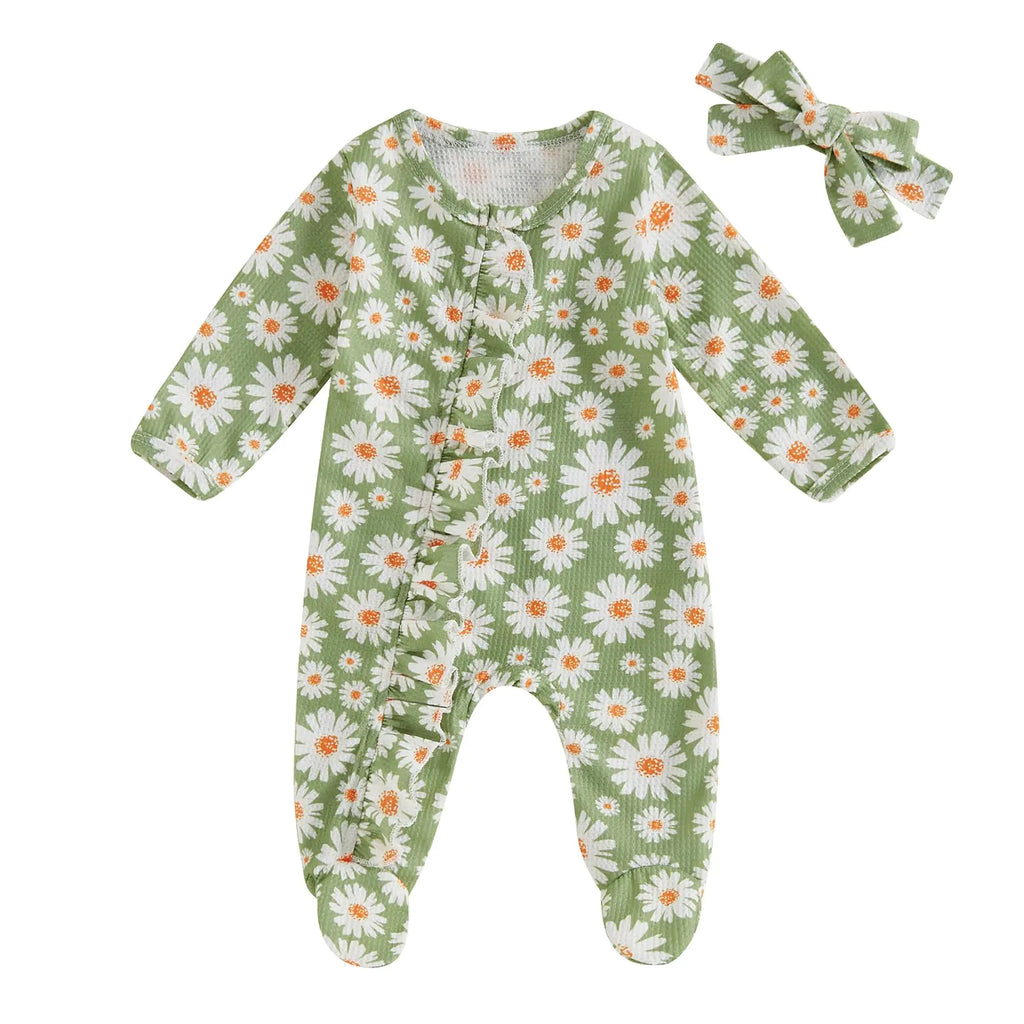 Newborn Baby Girl Clothes Fall Winter Long Sleeve Footie Romper Waffle Ruffle Zipper Jumpsuit Coming Home Outfit (A Daisy Floral GreenNewborn) - My Store