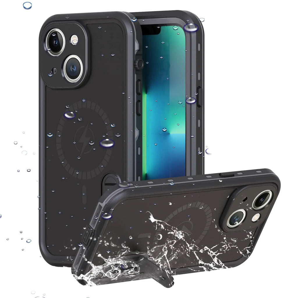 Omio Compatible with iPhone 13 Waterproof Case Magnetic Case Work with MagSafe Charging Full Body Rugged Case with Built-in Screen Protector Military Grade Shockproof Case with Stand Kickstand Black