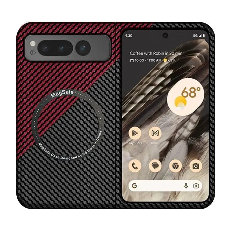FLURIKA Magnetic Case for Google Pixel Fold Case Compatible with MagSafe Charger Carbon Fiber Slim Ultra Thin Aramid Fiber Anti-Scratch Shockproof Phone Case Black&Red