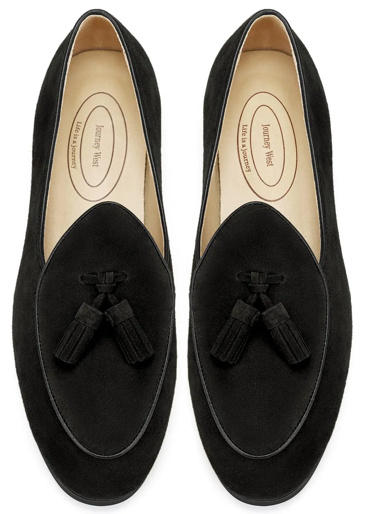 Journey West Mens Tassel Slip-on Loafer Belgian Suede Loafers Casual Leather Shoes for Men Black US 11