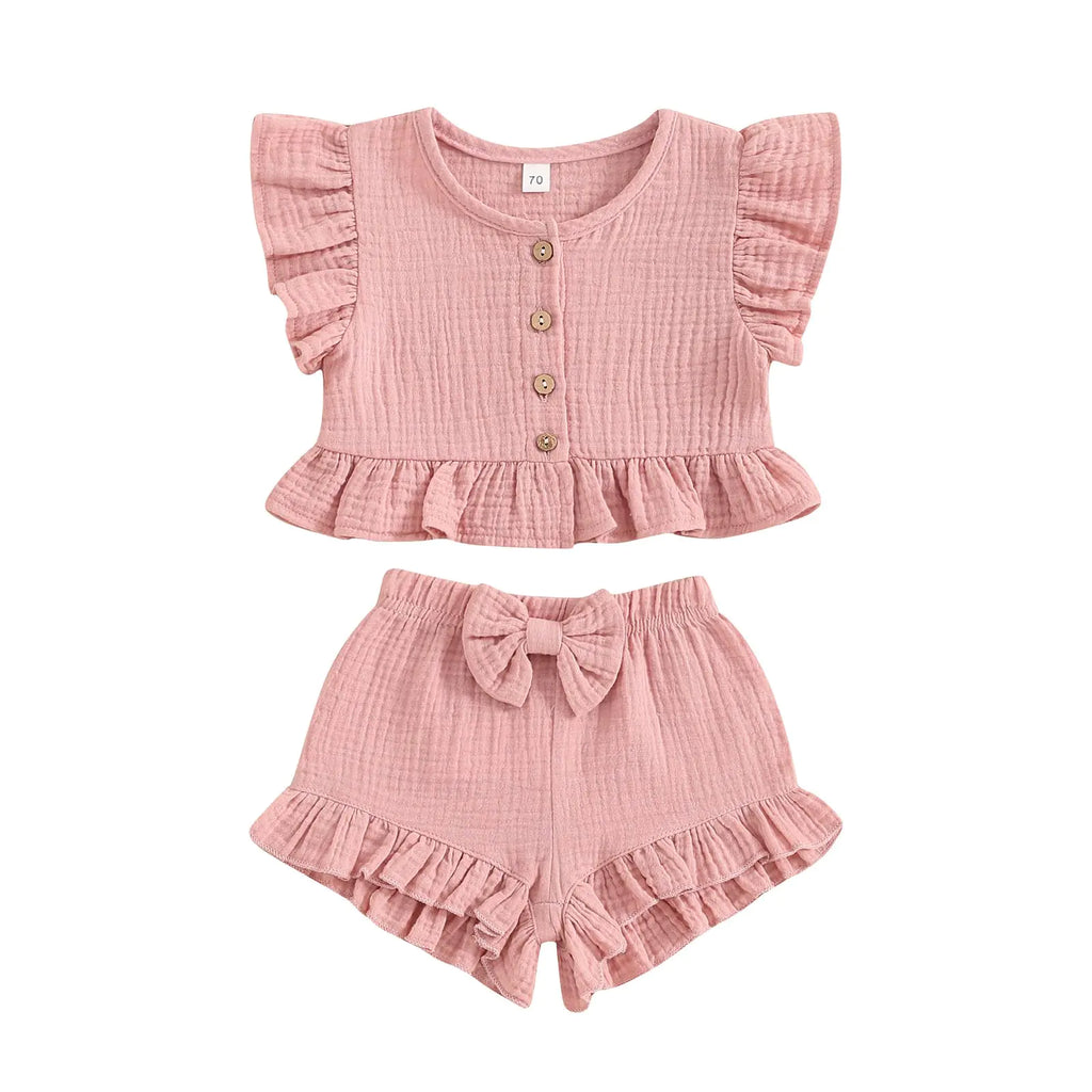 BemeyourBBs Summer Toddler Girl Clothes Baby Girl Ruffle Sleeveless Shirt with Buttons Bow Bloomers Shorts Set Cute Outfits (Solid Pink 3-4 Years)