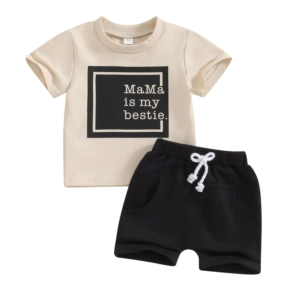 Toddler Baby Girl Clothes Short Sleeve Letter Print T Shirt Tops and Stretch Shorts Newborn Girl Summer Outfit (Mama is My Bestie Apricot 12-18 Months) - My Store