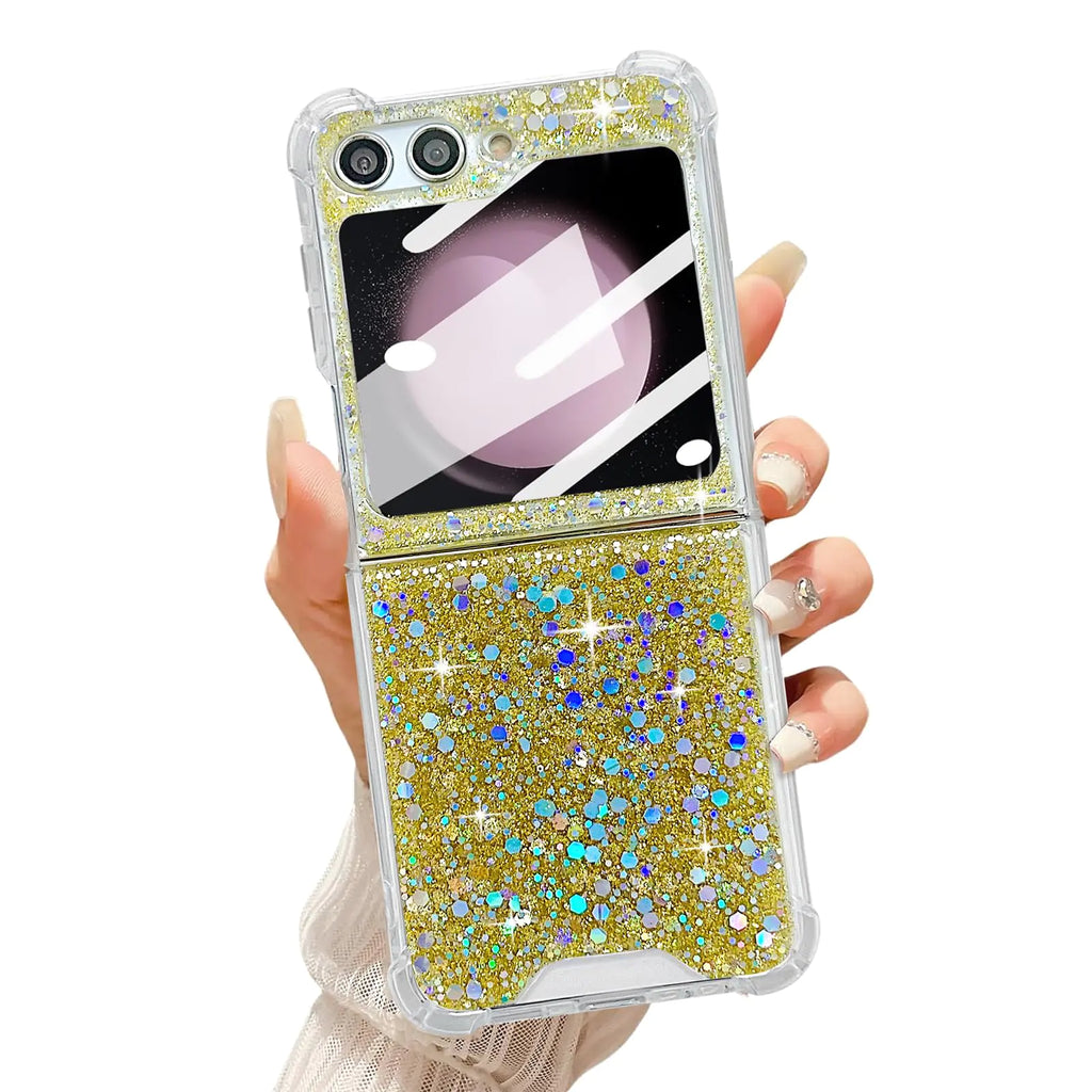 UEEBAI Case for Samsung Galaxy Z Flip 6 5G Pretty Bling Glitter Case for Women Cute Shiny Sparkle Phone Case for Girls Bling Stars Cover Four-Corner Shockproof Protective Slim Fit Case - Gold