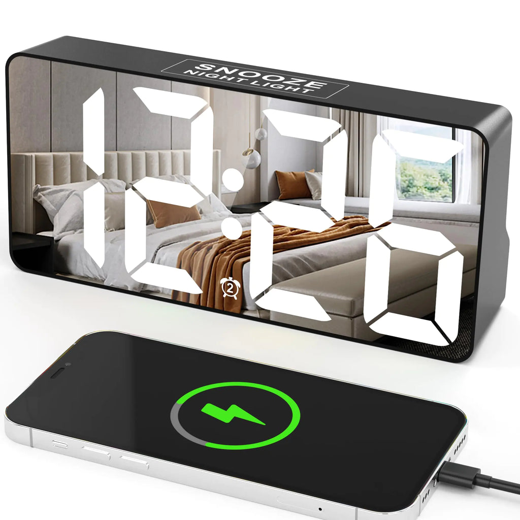Digital smart clock with USB charging and dual alarms for bedside