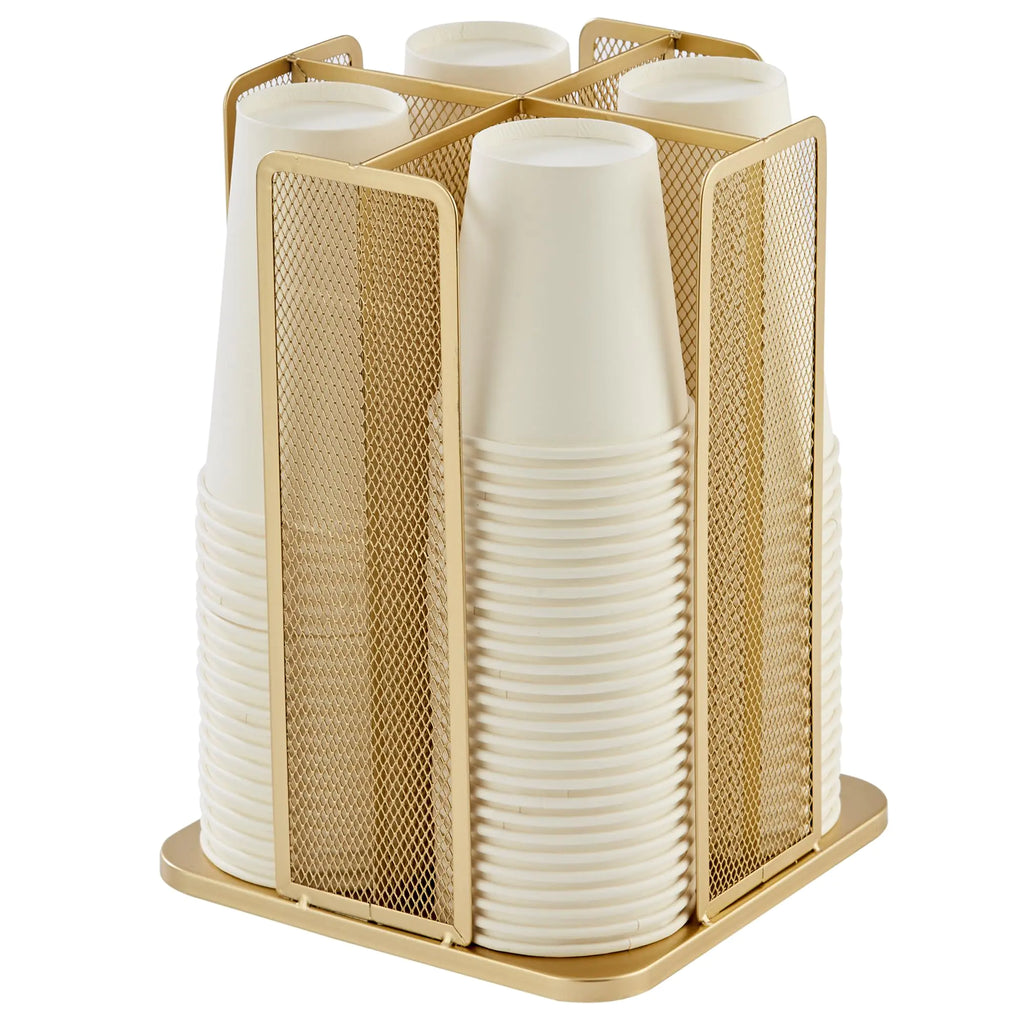 Annova Paper Cup and Lid Holder Plastic Cup Storage Organizer 360°Rotating Coffee Cup Dispenser with 4 Compartments Multifunctional Cup Storage Rack for Home Office Bar Coffee Shop (Gold)