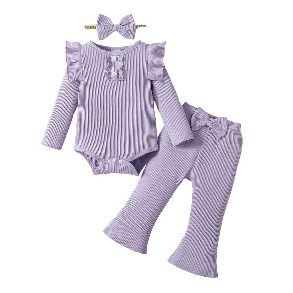 YWFSHOP Infant Baby Girls Outfit Cute Ruffle Sleeve Ribbed Knit Romper Bodysuit and Flare Pants Clothes Set 3 Piece - My Store