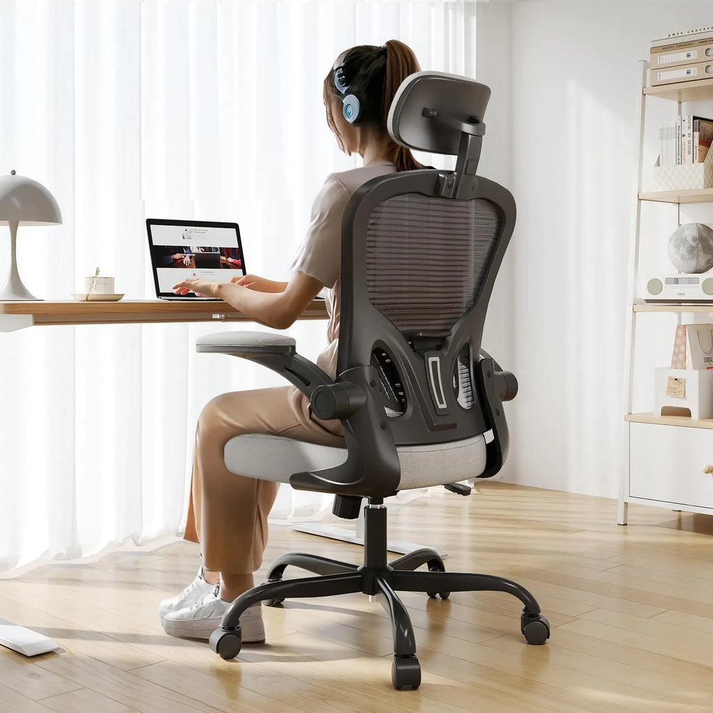 Ergonomic Office Chair Big and Tall 350LBS Capacity 65" Tall Max Home High Back Desk Chair for Long Hours Comfortable Adjustable Headrest Lumbar Support Flip-up Arm and PU Wheels Grey