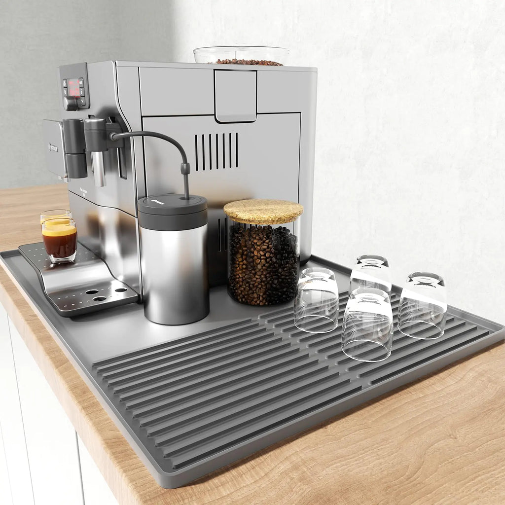 Upgrade Silicone Coffee Mat with Raised Edges 24 x 16 Suitable for Coffee Bar Accessories Countertops Beverage Bar Under Coffee Maker Espresso Machine Dish Drying Mat (Gray 24 x 16)