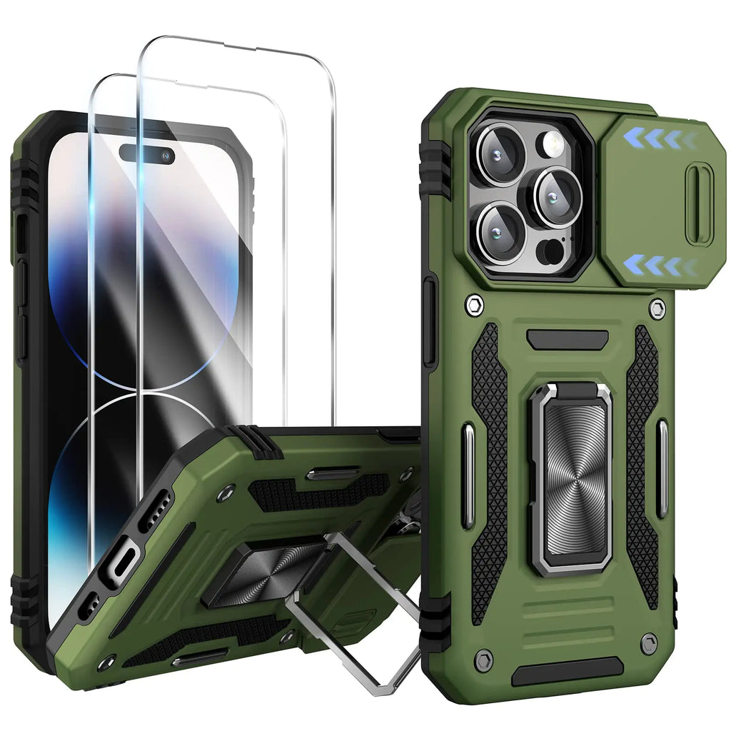 HATOSHI for iPhone 14 Pro Case with Slide Camera Cover Protection and 2 Pack Tempered Glass Screen Protector 8X MTD Shockproof Ring Kickstand Magnetic Phone Cover Case for iPhone 14 Pro Green