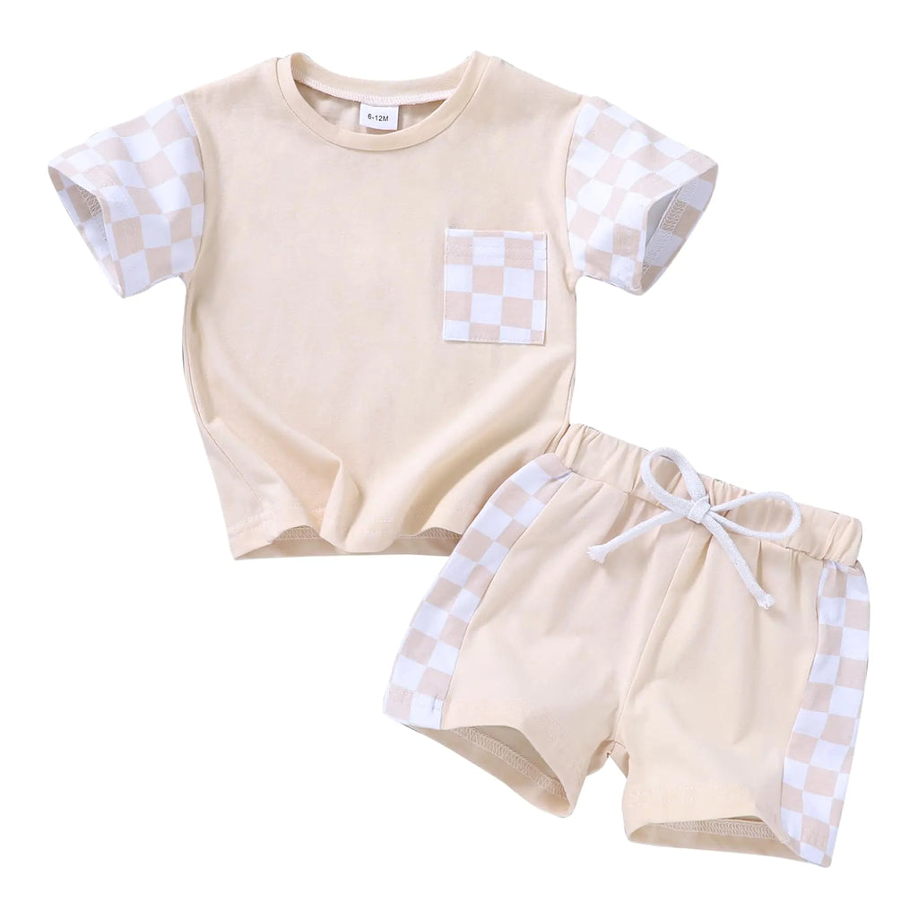 YOUNGER TREE Toddler Infant Baby Girls Summer Outfits Checkerboard Print Short Sleeve Pocket T-Shirt Tops Pants Clothes Sets(Apricot Checkerboard18-24 Months) - My Store