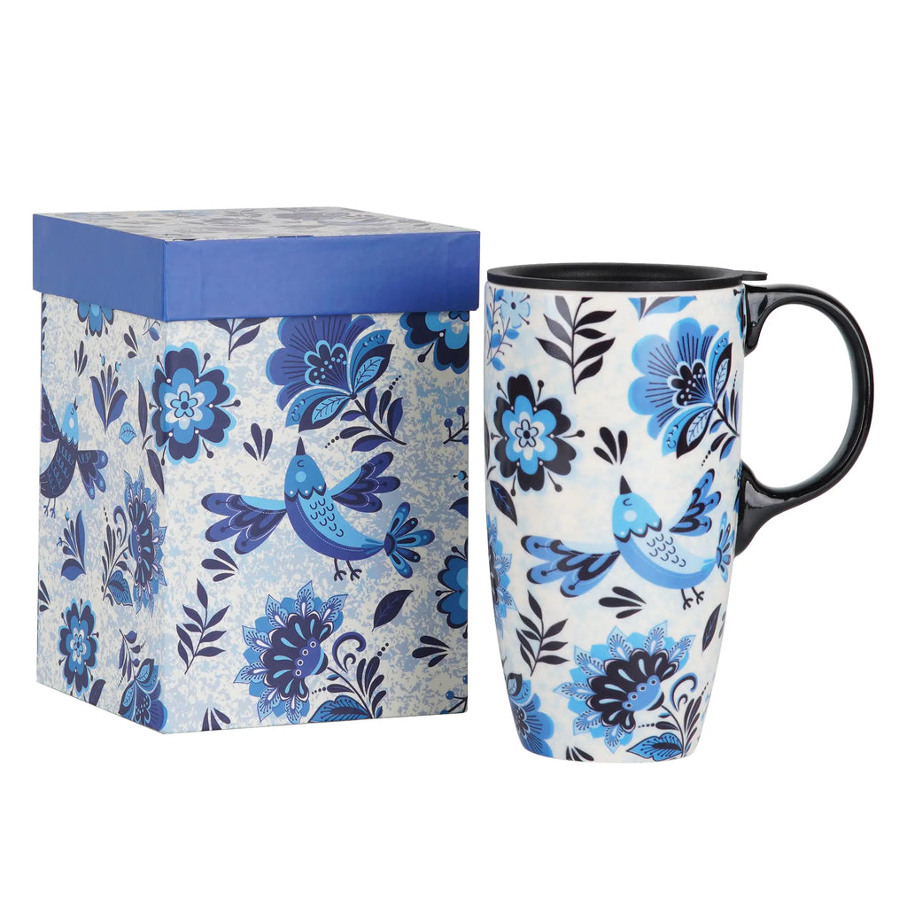 Topadorn Ceramic Coffee Mug Travel Cup with Lid and Color Box17oz.Blue Bird